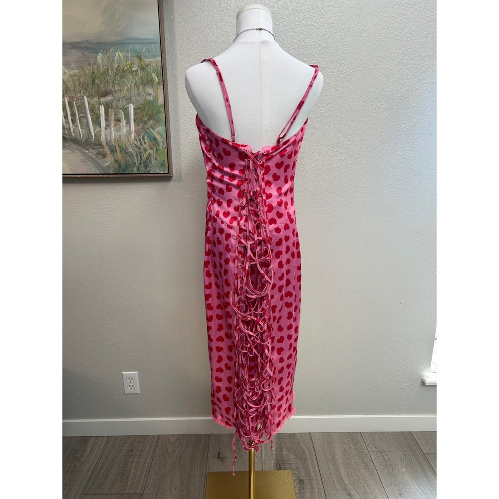 Sugar Thrillz Pink Heart Print Satin Midi Dress XXL Lace Up Corset Back - Picture 3 of 11